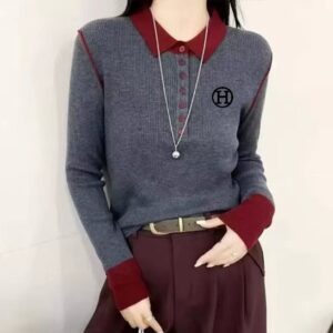 에르메스 H 자수 숄더 삥줄 포인트 카라 니트