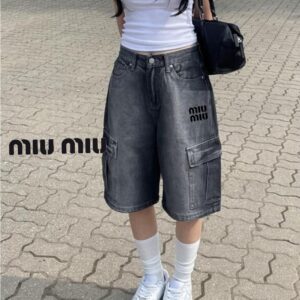 미우미우 자수로고 카고 버뮤다 데님팬츠
