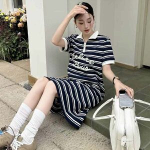 셀린느 [ C*LINE ] 수입 마린 지퍼넥 스트라이프 폴로 드레스