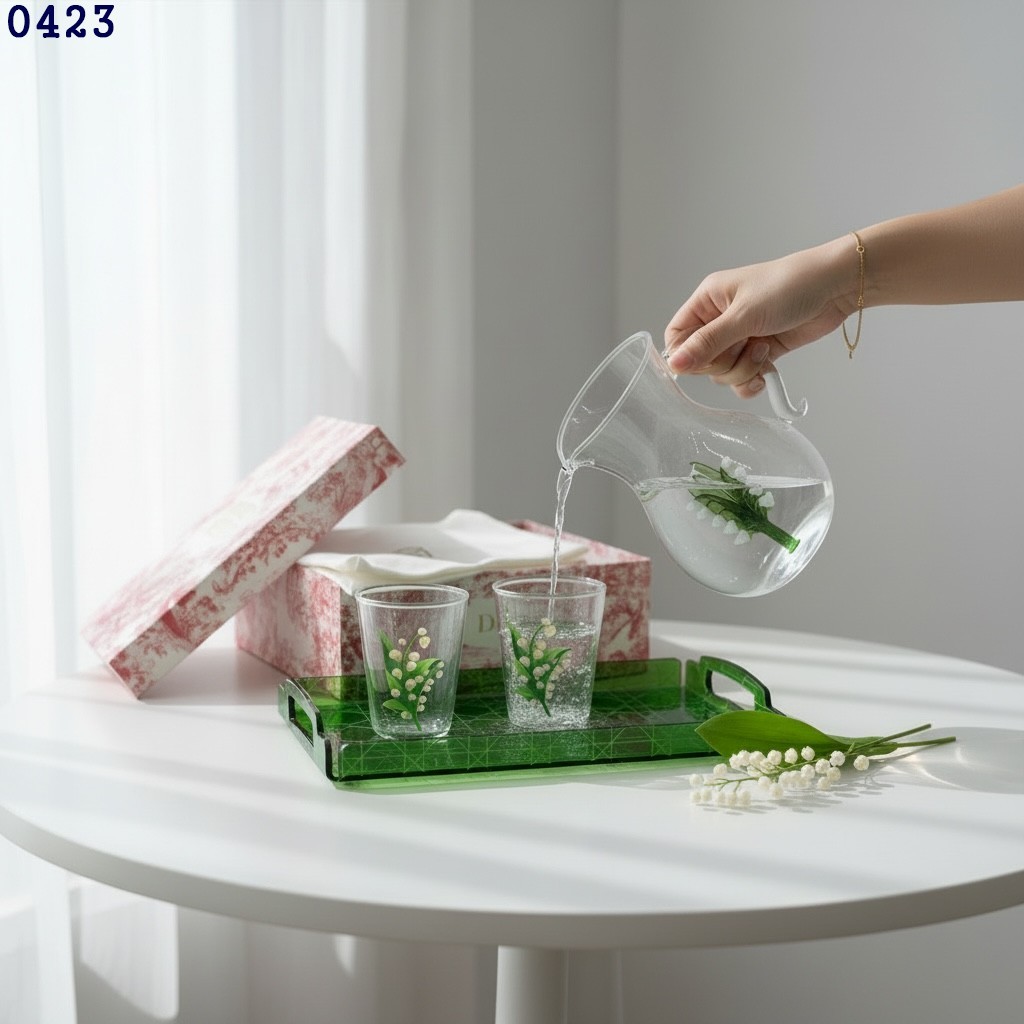 디올 그린 은방울꽃 오브제 저그 & 글라스 세트